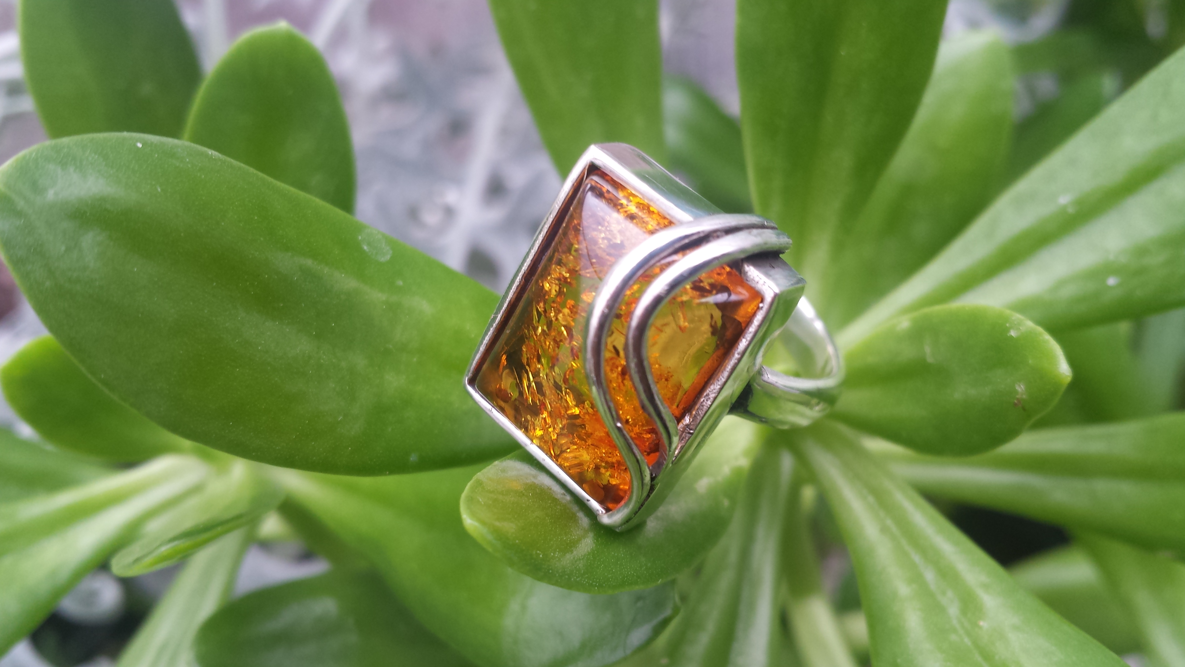 SUPERB AMBER RING WITH SOLID 925 STERLING SILVER Size 7   10 G